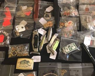MISC JEWELRY, SILVERWARE, HUNTING KNIFE, POCKET KNIVES