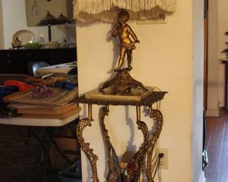 CHERUB LAMP,  VICTORIAN OYNX AND BRASS TABLE