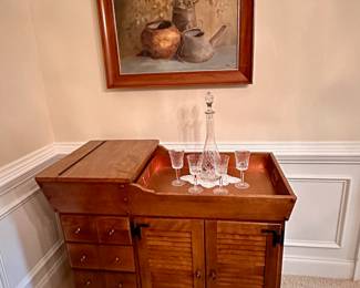 Ethan Allen dry sink with copper insert.  Oil painting is by Helen Mapes of Artesia, New Mexico acquired in 1967.  Close up of oil painting follows.