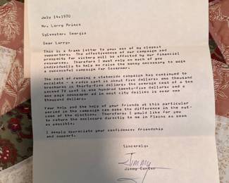 Signed Georgia gubernatorial candidate Jimmy Carter letter.  NOTE:  Signature does not exactly match other examples of Jimmy Carter's signatures.  It may still be authentic but if not, fun to have.
