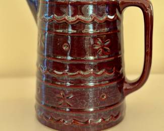 Vintage Marcrest brown drip "dot and flower" pattern stoneware pitcher.