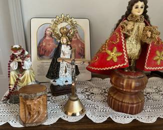 Blessed Virgin Mary statue Phillipines, table top Jesus carved in olive wood, santo nino infant Jesus of Prague, weeping Our Lady of La Salette 