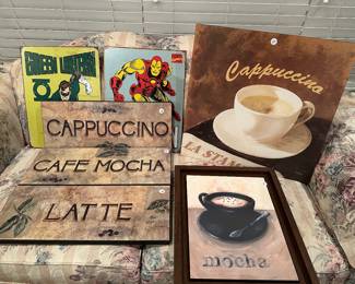 M168 - priced individually. $5 Metal Comic Signs. $4 each small coffee signs, $10 Cappuccino sign. $6 mocha
