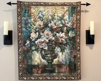 M7 - $35. Wall tapestry. Lena Liu. Measures 34" x 42". M8 - $15. PAIR of battery powered candle wall sconces. 