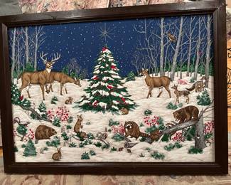 M171 - $30. Large framed fabric holiday scene with quilting