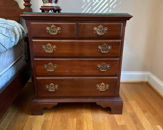 M22 - $250 PAIR of Knob Creek Nightstands. Solid Wood with glass tops. Measures 27" wide x 18" deep x 29" tall. 