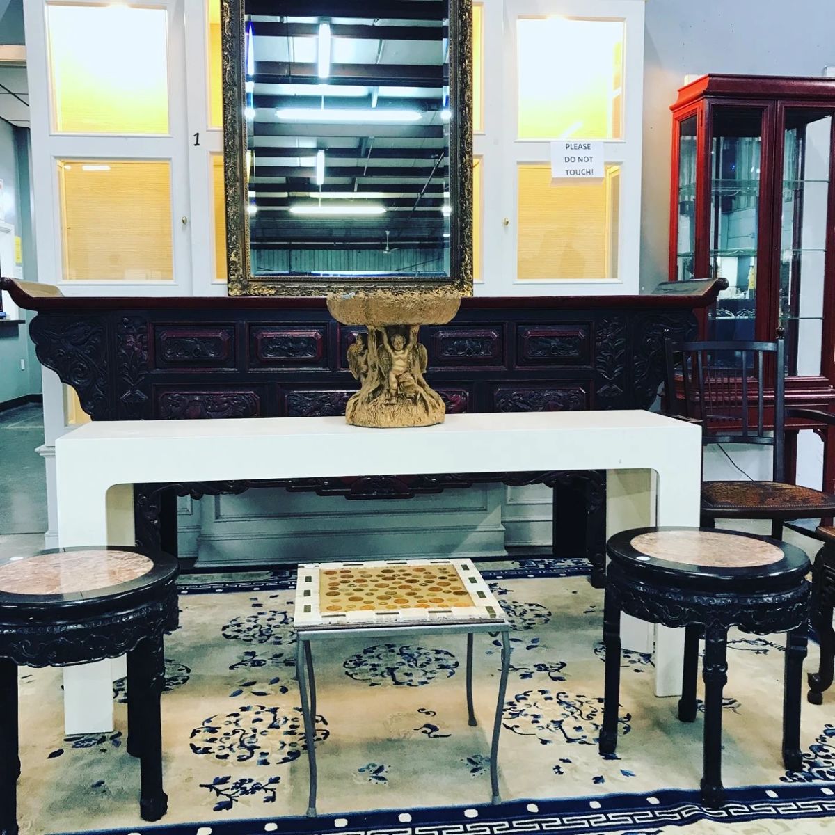 Asian Wood Buffet, Side Tables. Asian Rug, Mirrors and Decor. Orlando Auction