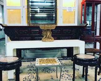 Asian Wood Buffet, Side Tables. Asian Rug, Mirrors and Decor. Orlando Auction