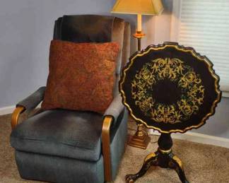 Lacquer Tilt Table, Lazy Boy and Floor Lamp