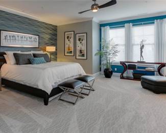 ONLY available in the photo: Ethan Allen king size bed frame + mattress,  2 Ethan Allen ottomans, Ethan Allen console table, Italian Natuzzi ottoman, 2 Ethan Allen glass side tables