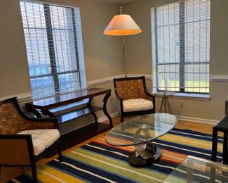 LAMP SOLD, COFFEE TABLE SOLD. ETHAN ALLEN RADIAL TABLE SOLD. PIER 1 CHAIRS SOLD. Ethan Allen Console Table is still available!