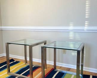 Ethan Allen modern glass side tables, Barclay Butler multi-color rug