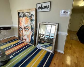 Stravitz Sculpture & Fine Art Galley Artwork, Ethan Allen mirror, Barclay Butler rug, Ethan Allen tray table.