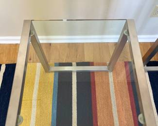 Ethan Allen modern glass side tables, Barclay Butler multi-color rug