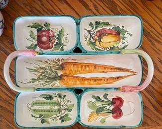 Hand painted  Italian vegetable serving piece with five separated sections and fun asparagus handles for easy serving. 