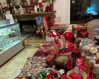 So many wonderful Christmas decorations, including vintage rocking horses, table linens, cookie jars, platters and more.