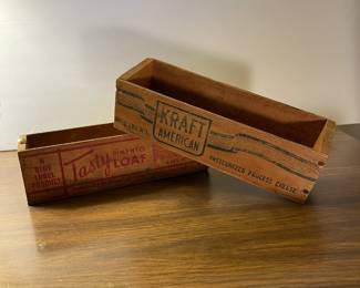 Primitive wooden advertising cheese boxes