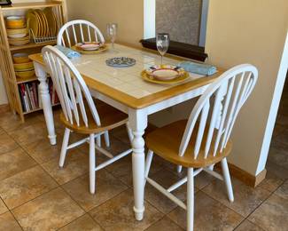 Brown and white farm table with 3 chairs 