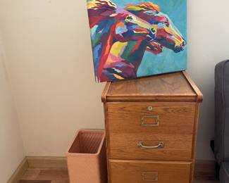 Horse head in vivid colors original oil. Two drawer pine filing cabinet