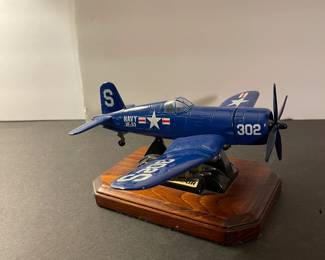 F4U Corsair 302 model plane on mahogany stand. Go Navy!!