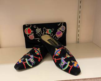 Festive black velvet with embroidery Christmas slides/ mules and matching purse. Size 5 1/2