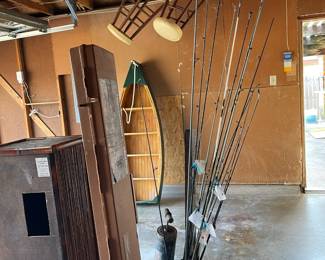 Lots of great fishing gear, including vintage rod and reels/ fishing poles.