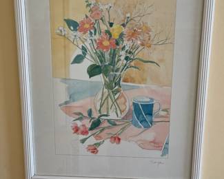 Pretty watercolor of mixed flowers in a clear vase 