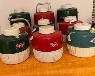 Many vintage Coleman large water thermoses- perfect for fishing, hunting and camping trips! 