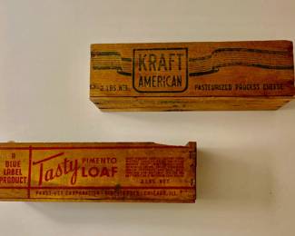 Primitive wooden advertising cheese boxes