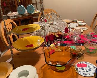 Cobalt blue sherry glasses, art deco vases, many pieces of lead crystal, Fostoria, Hazel Atlas and Blue Danube.