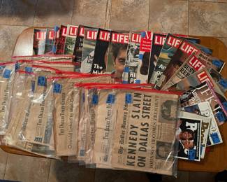 1960's Oswald, Kennedy, LBJ newspapers and collectable vintage Life magazines.