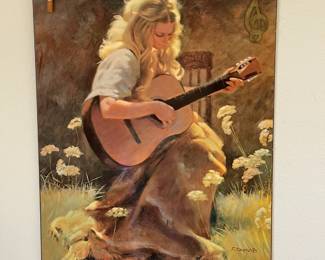 Beautiful, peaceful oil of a young blonde woman playing guitar. 