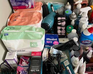 Vanity supplies and bathroom/household products.