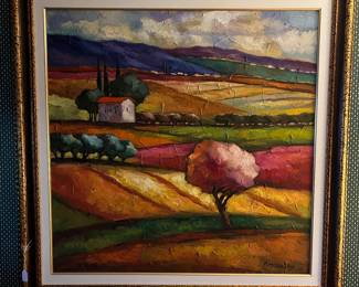 Slava Brodinsky oil on canvas, titled “Party Sunny,” 39”x 39”.