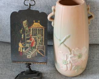 Antique Handpainted Asian Candle Holder & Shield