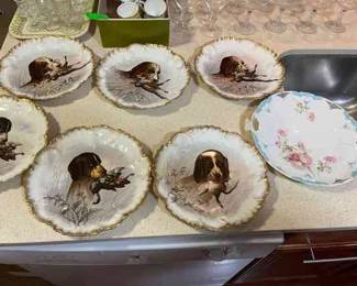 Limoges Hunting Dog And Birds Plates And 1 With Flowers