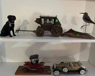 Two Model Cars, Bird On Wood, Dog And Wagon 