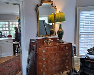 Antique chest, four drawer, flame veneer front