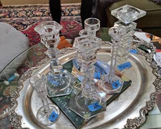 Vintage double handled, silverplated tray, oval.
Selection of crystal candlesticks
