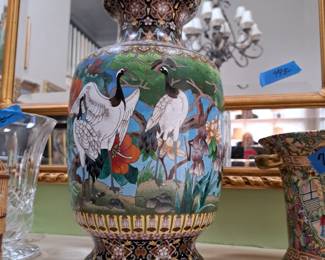 Intricate cloissone vase with whooping crane design