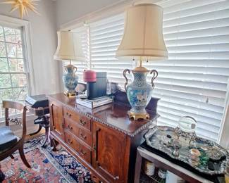 Pair of spectacular cloisonne lamps, ormulu mounts, ibis panels surrounded by geometric and floral ground