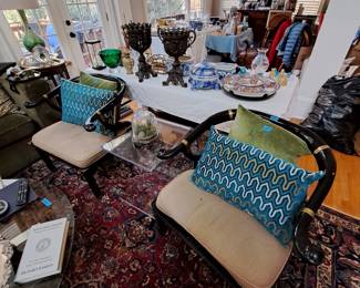 Pair of black lacquer arm chairs