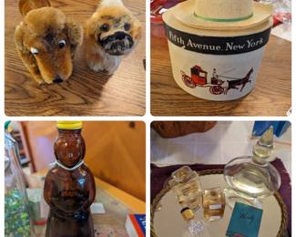 Miniature Stieff dogs, miniature Dobbs hat, vintage Mrs Butterworth's bottle, vintage perfume bottles