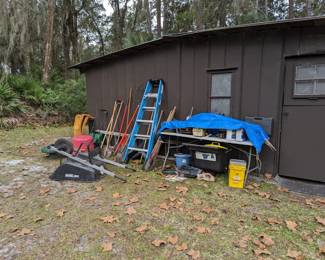 Ladders, tools, wheelbarrow 