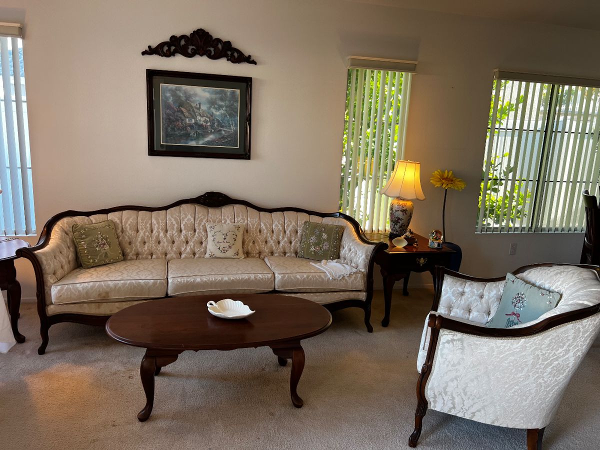 Vintage Kimball sofa and chair. Louis XIV style, oval coffee table, side tables