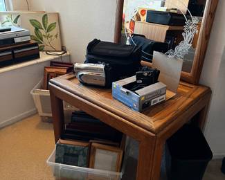 JVC camcorder, Nikon coolpix camera, oak mirror, oak side table, picture frames