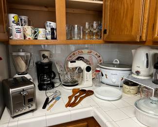 kitchen items, blender, mixer, crock pot, coffee maker, toaster, glasses and mugs