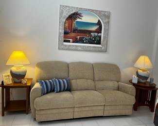 beautiful recliner sofa, side tables and lamps 