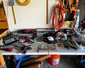 Craftsman circular saw. Milwaukee drill. Chicago electric saw, air pump machine, sander, etc