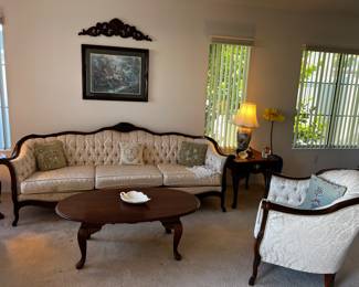 Vintage Kimball sofa and chair. Louis XIV style, oval coffee table, side tables